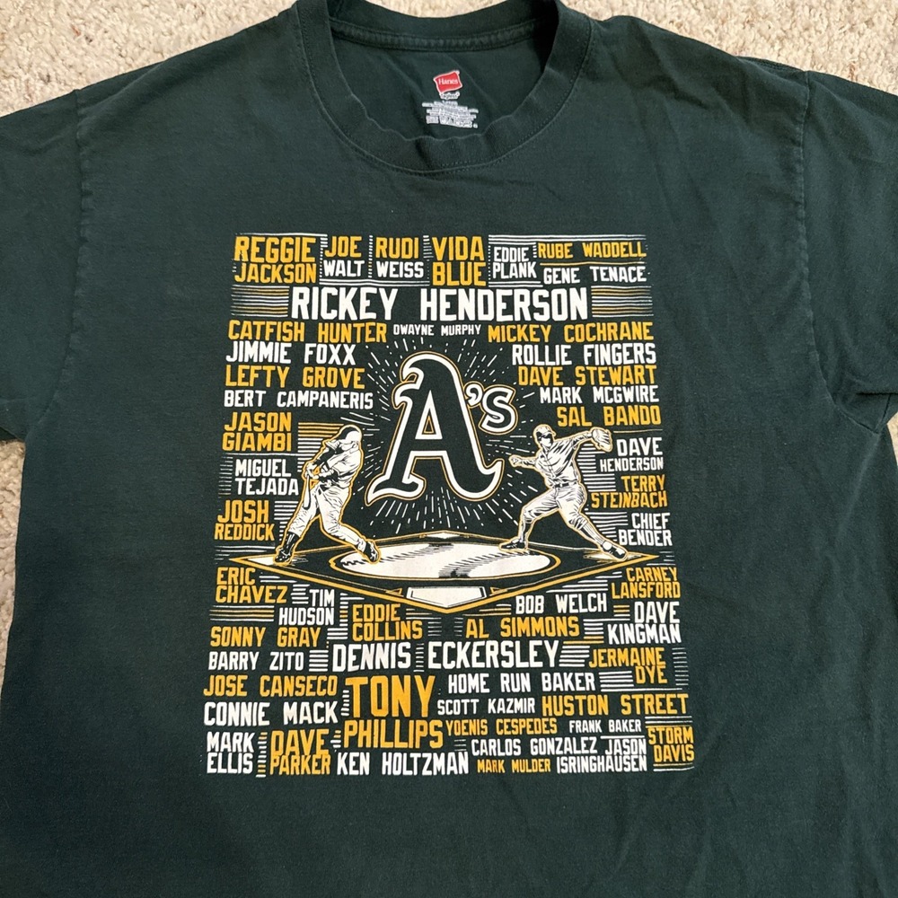 Oakland A's t shirt Spellout Players Through the Years Green Size Large‎